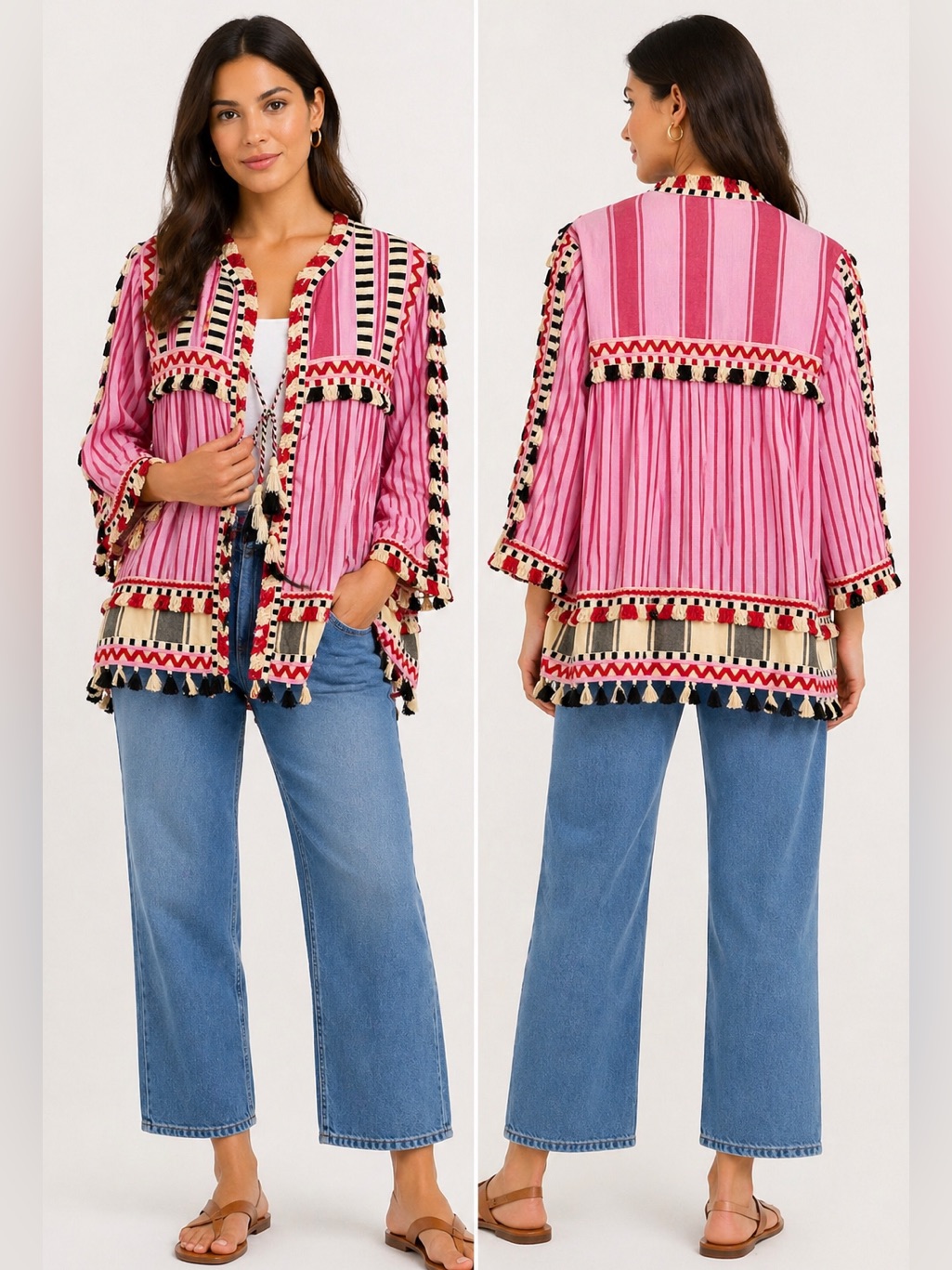 Dodo Bar Or Marcus Jacket Pink Tassel Striped Embroidered Fringe Trim Open Front